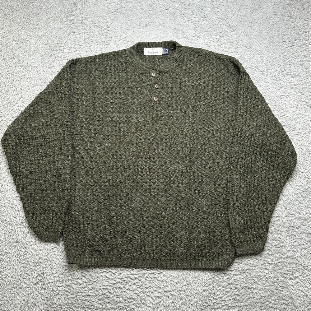 Vintage Bill Blass Sweater Mens 2XLT Green Henley Ribbed Hand Knit USA Made